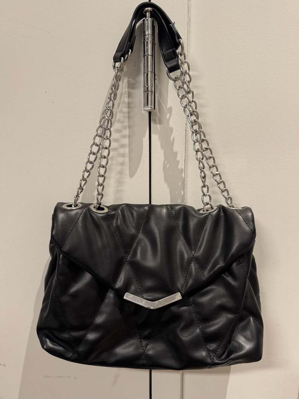 Black Quilted Faux Leather Chain Strap Shoulder Bag with Silver Hardware